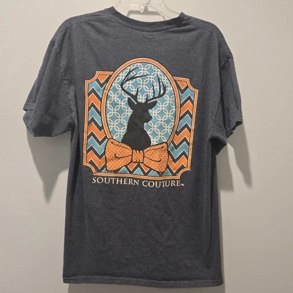 Southern Couture Shirt Womens Large Gray Short Sleeve Deer Blue Orange - Picture 4 of 5